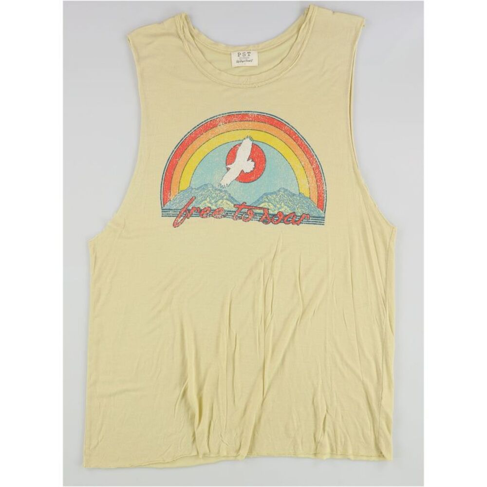 Project Social T Pale Yellow Rainbow Graphic Muscle Tank Top